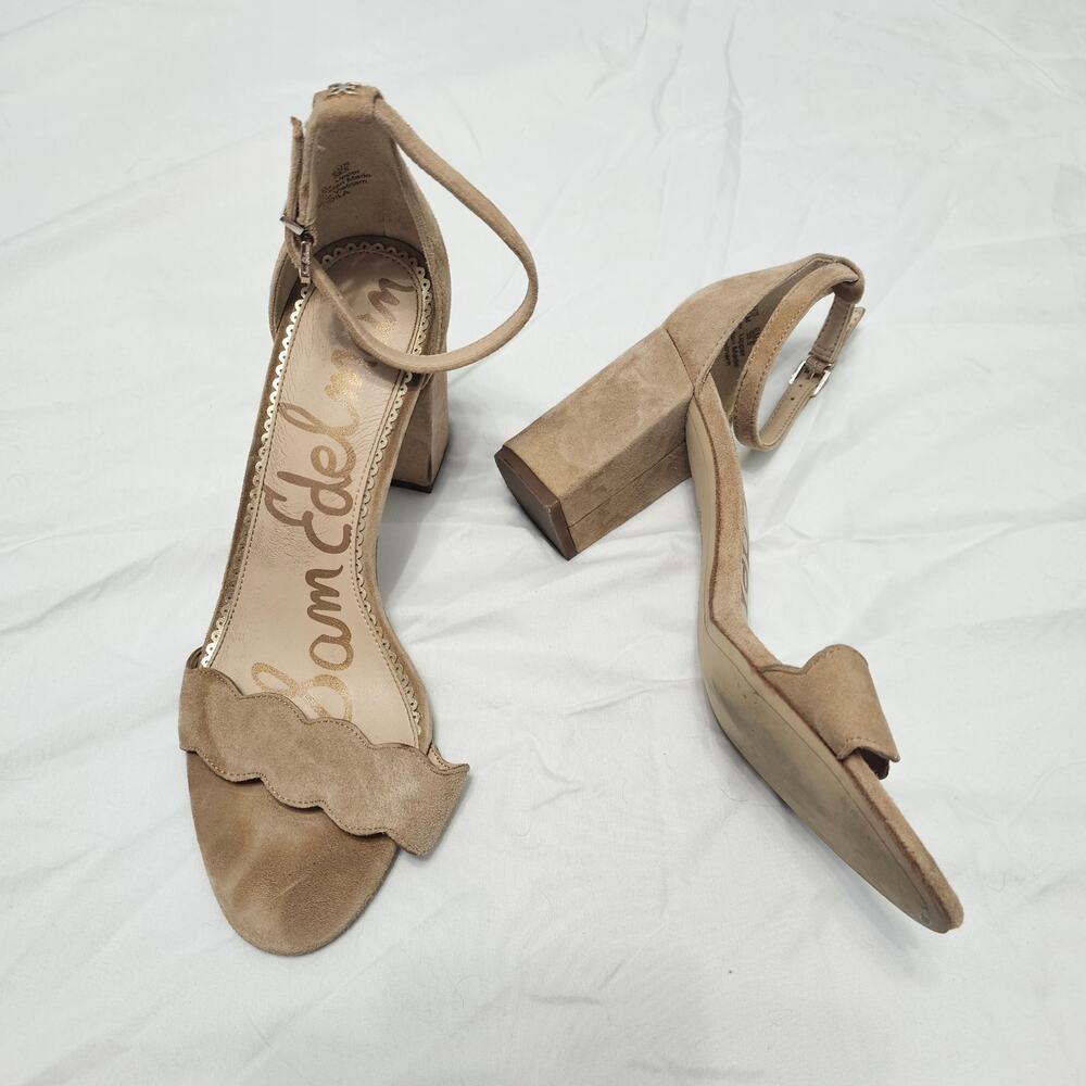Sam Edelman Odila Block Heel Sandals Womens 8.5 Tan Suede Ankle Strap Scalloped